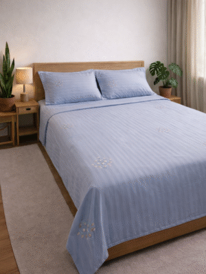 Premium Cotton Satin Striped Bedsheet with Embroidered Floral Design – Queen Size (Grey)