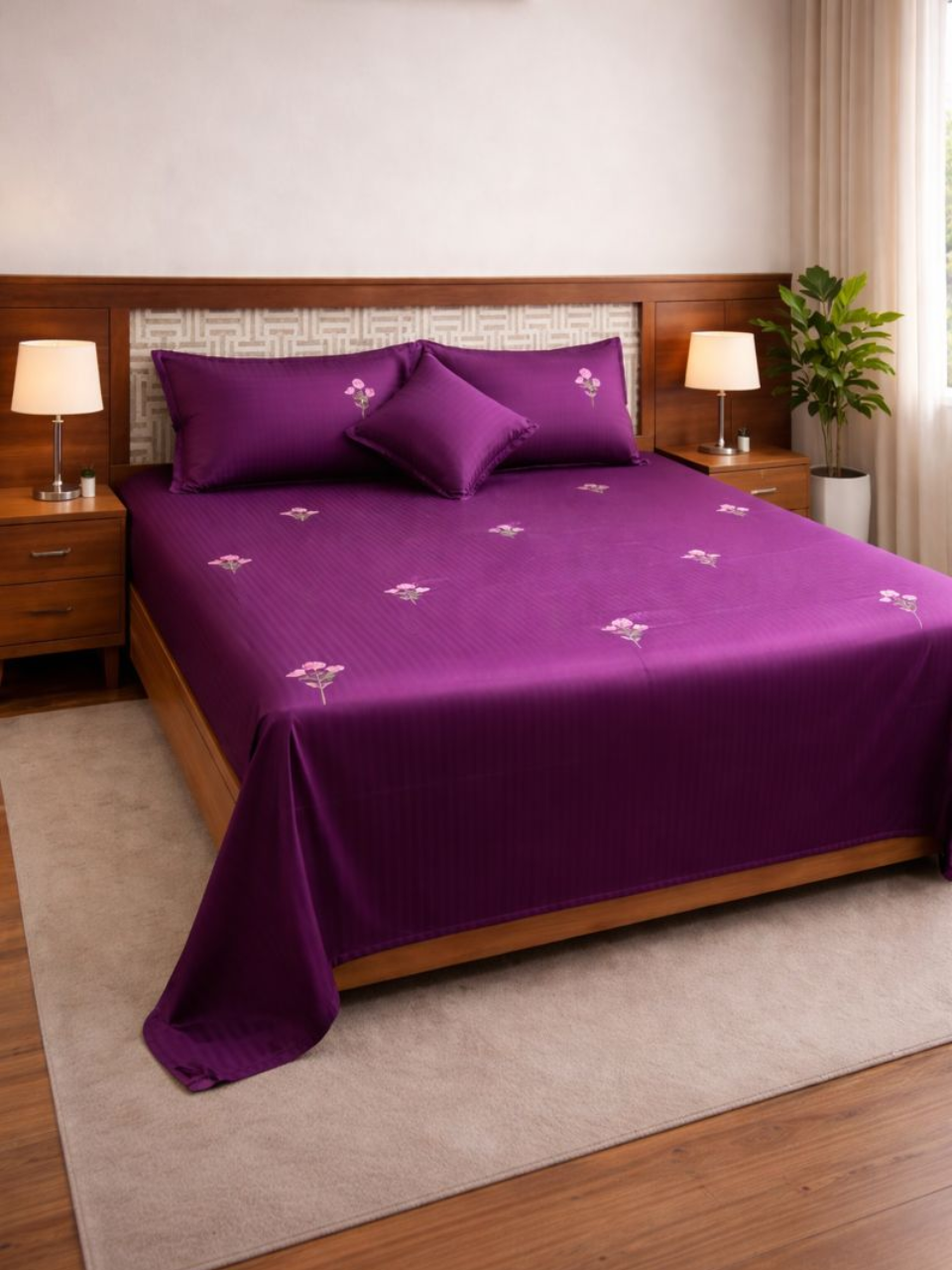 Luxury Purple Striped Bed Sheet Set with Floral Embroidery