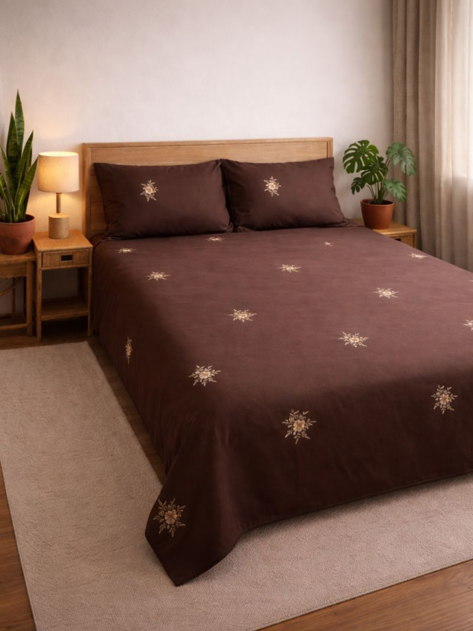 Elegant Mocha Brown Satin-Finish Embroidered Bedsheet (King Size)